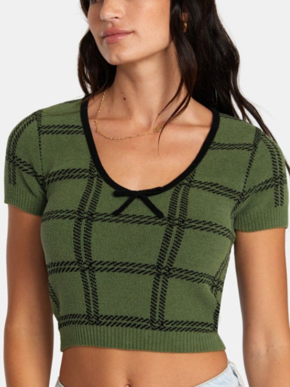 RVCA Green Black Plaid Knit Crop Top Bow Scoop Neck Short Sleeve EUC Size M